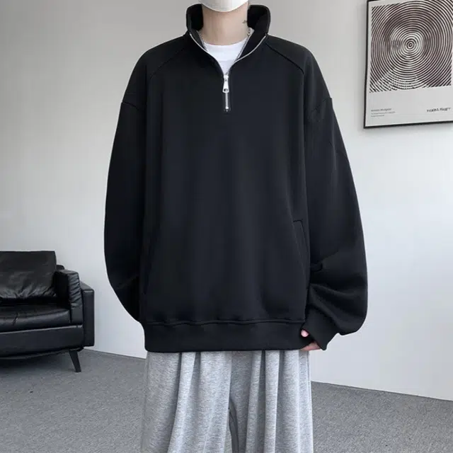 加荣 学院风半拉链高领卫衣男款早秋宽松休闲外套男装美式复古长袖体恤内搭打底衫男士纯色百搭外衣男小众设计感上衣 男女同款