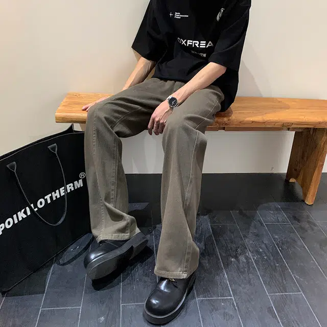 加荣 日系拼接微喇轻薄透气潮牌百搭青少年户外出行小众设计感修身直筒阔腿裤牛仔裤 男女同款