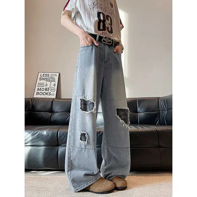 加荣 美式高街复古透气小众水洗破洞做旧水洗宽松休闲潮流阔腿裤牛仔裤 男女同款