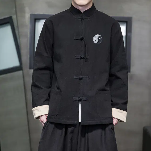加荣 中国风刺绣棉麻夹克男款潮流痞帅中山装男士秋季宽松百搭开衫男装上衣复古时尚衬衫男生新中式立领盘扣唐装汉服外套 男女同款