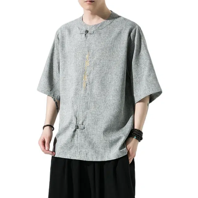 加荣 唐装中国风夏季薄款透气仿麻汉服短袖衬衫复古宽松盘扣立领潮流百搭大码青少年户外出行五分袖衬衣上衣 男女同款