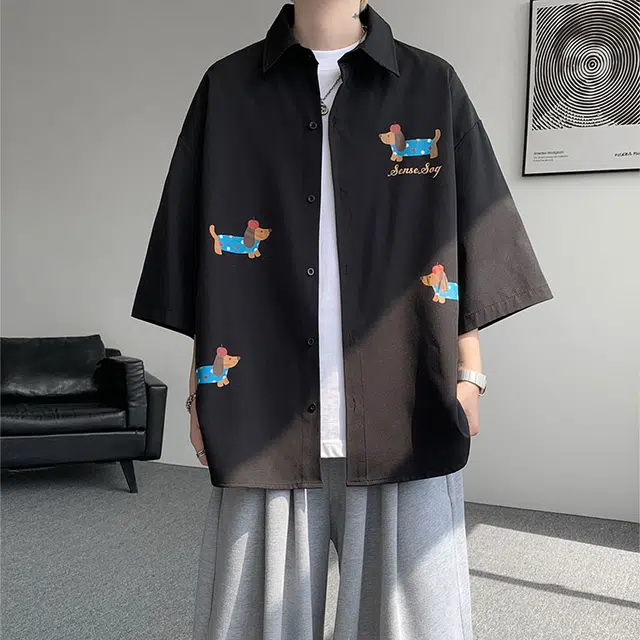 加荣 潮流速干冰丝薄学院风帅气青少年五分袖凉感宽松休闲初高中学生外套腊肠狗印花短袖衬衫 男女同款