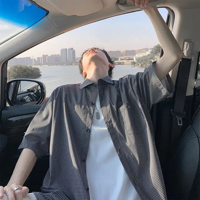 加荣 美式格子薄款潮流简约个性衬衣日系复古短袖衬衫 男女同款