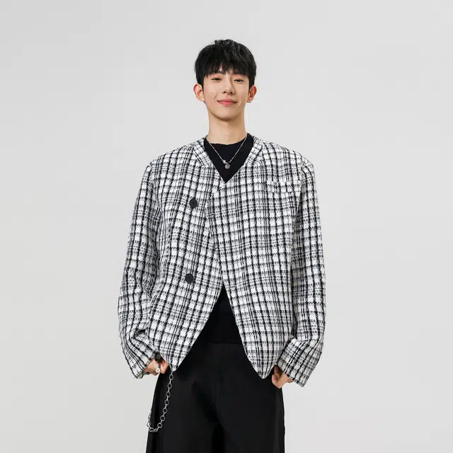 加荣 秋冬斜扣格子外套男款美式复古男士小西服时尚潮牌男装宽松慵懒感外衣男休闲百搭开衫男小众设计感穿搭西装夹克 男女同款