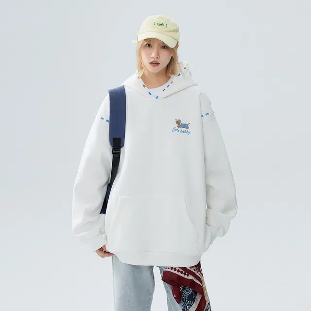 加荣 美式潮牌刺绣宽松连帽卫衣男拼接腊肠狗设计长袖男装高街百搭休闲套头衫男款时尚复古慵懒风帽衫外套男秋季酷帅上衣 男女同款