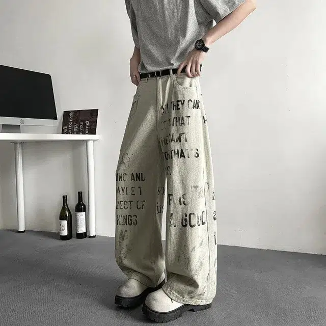 加荣 美式复古设计感字母牛仔裤男秋季潮流时尚宽松休闲松紧直筒裤春秋高级感男裤青少年潮牌痞帅裤通勤百搭基础男士长裤 男女同款