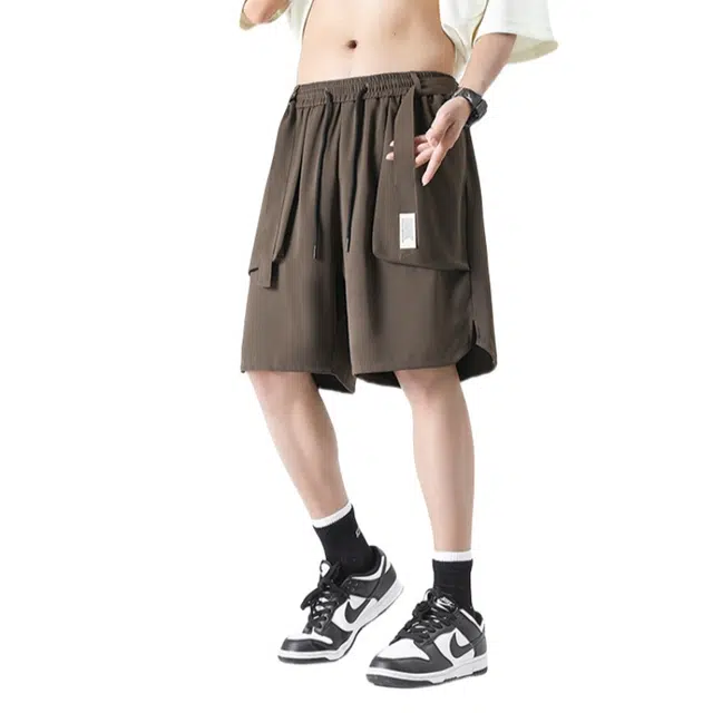 加荣 冰丝工装短裤男夏季轻薄透气潮牌青少年户外出行百搭美式复古垂感五分裤宽松休闲速干松紧腰中裤工装短裤 男女同款