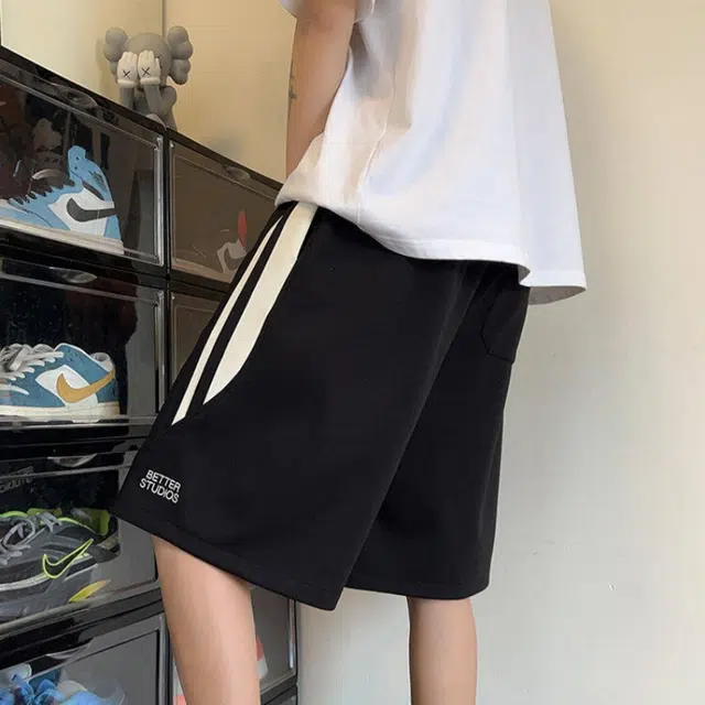 加荣 潮牌美式高街运动夏季薄款透气宽松刺绣高街条纹拼接抽绳凉感撞色五分中裤休闲短裤 男女同款
