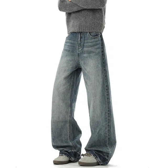 加荣 美式复古高腰牛仔裤男秋季宽松休闲直筒裤男生时尚高级感阔腿裤男款百搭拖地裤男士垂感弯刀裤男穿搭舒适长裤 男女同款
