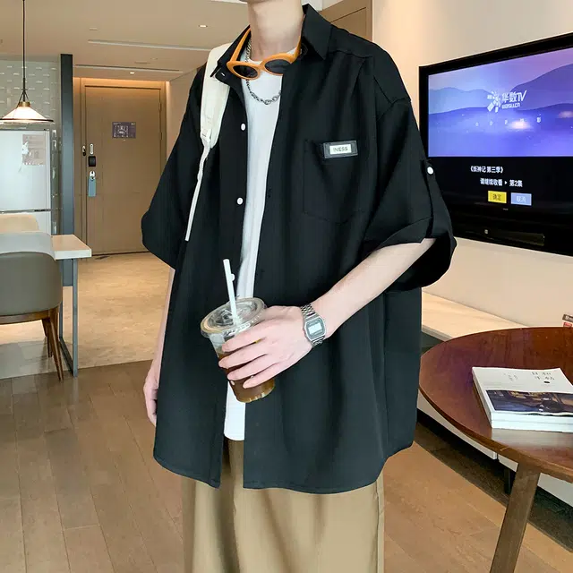 加荣 日系透气速干垂感短袖薄款宽松休闲衬衫 男女同款