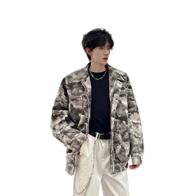 加荣 美式潮牌翻领夹克秋季男款高街痞帅百搭男装长袖衬衫男撞色扎染衬衣青少年设计高级感宽松外套 男女同款