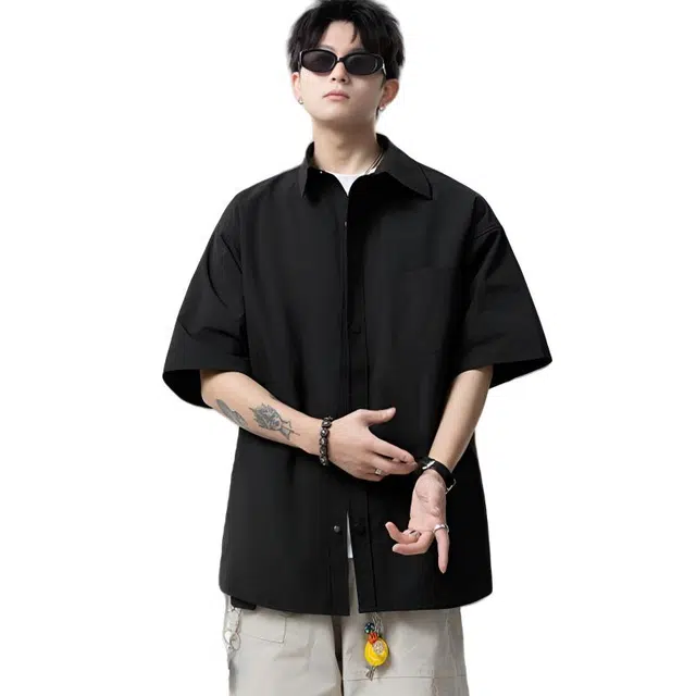 加荣 美式冰丝速干工装短袖衬衫男款夏季轻薄透气潮牌青少年户外出行百搭纯色痞帅小众高级感衬衣休闲外套上衣 男女同款