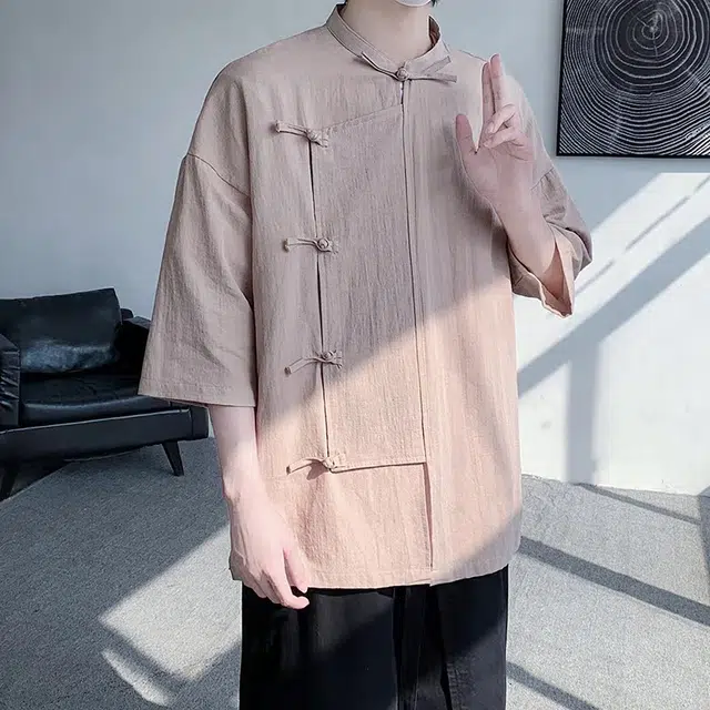 加荣 中国风夏季薄款透气棉麻宽松斜襟唐装盘扣衬衣新中式宽松纯色复古上衣短袖衬衫 男女同款