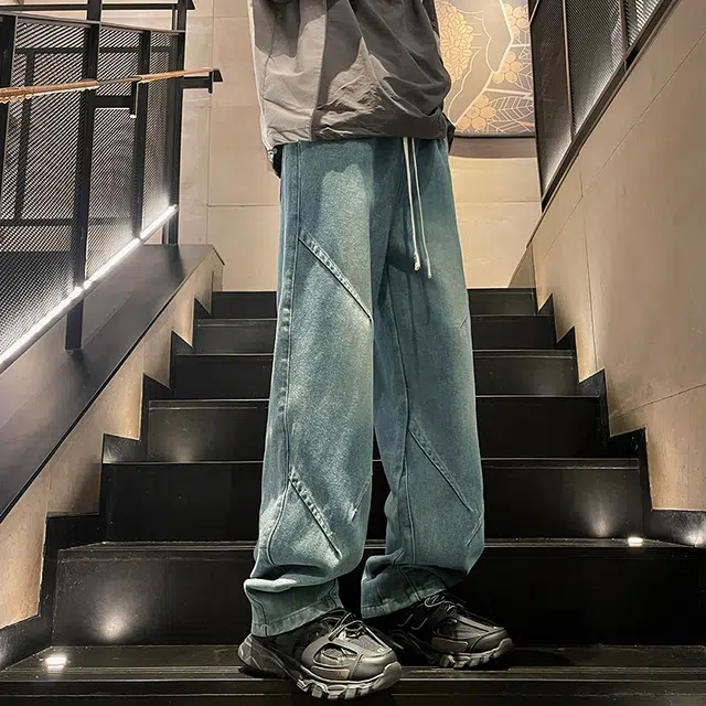 加荣 春秋通勤时尚男款裤慵懒风亲肤透气男拖地裤复古拼接设计感男士款裤高街水洗直筒裤男学院风日常男裤显高显瘦抽绳男长裤 男女同款