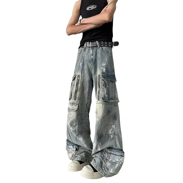 加荣 美式街头设计感潮牌青少年户外出行百搭宽松阔腿拖地裤子牛仔裤 男女同款