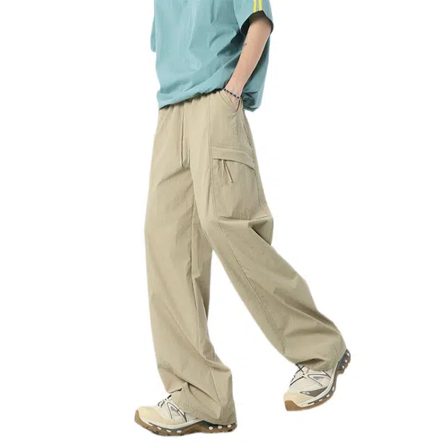 加荣  美式速干褶皱冰丝裤男夏季薄款透气潮流百搭宽松休闲青少年户外运动松紧腰小众设计感直筒阔腿工装裤长裤 男女同款