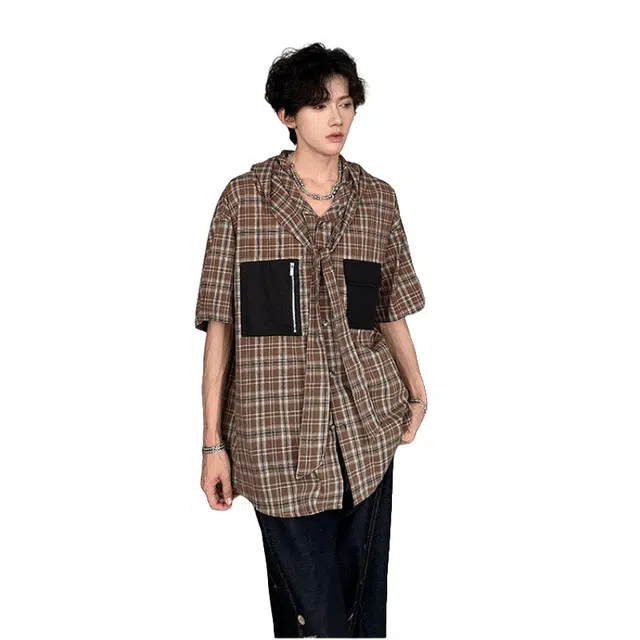 加荣 经典格子连帽口袋休闲舒适百搭宽松短袖衬衫 男女同款