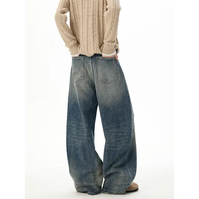 加荣 美式潮牌水洗直筒牛仔裤男秋季休闲复古擦色阔腿裤男款小众设计感弯刀裤男装百搭宽松拖地裤男士高街痞帅男生长裤 男女同款