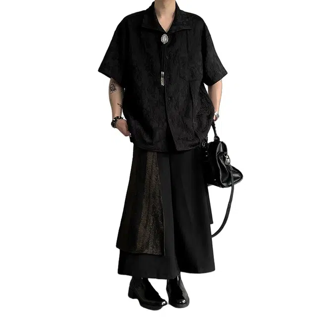 加荣 新中式法式立领腰果花提花短袖轻薄透气潮牌青少年户外出行百搭宽松小众高级感时尚舒适夏季衬衫 男女同款