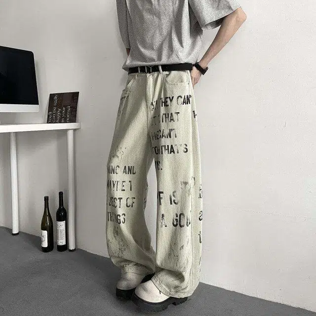 加荣 美式复古设计感字母牛仔裤男秋季潮流时尚宽松休闲松紧直筒裤春秋高级感男裤青少年潮牌痞帅裤通勤百搭基础男士长裤 男女同款