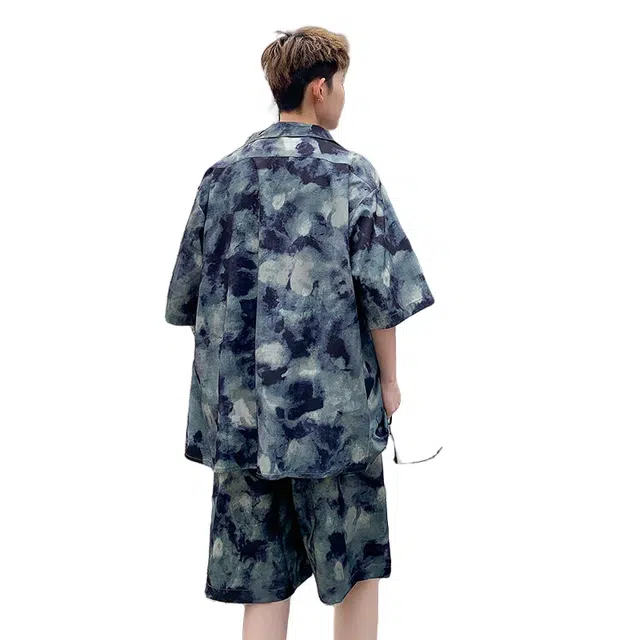 加荣 美式扎染印花冰丝凉感短袖衬衫上衣夏季薄款透气潮牌青少年户外出行通勤百搭短裤休闲运动套装 男女同款