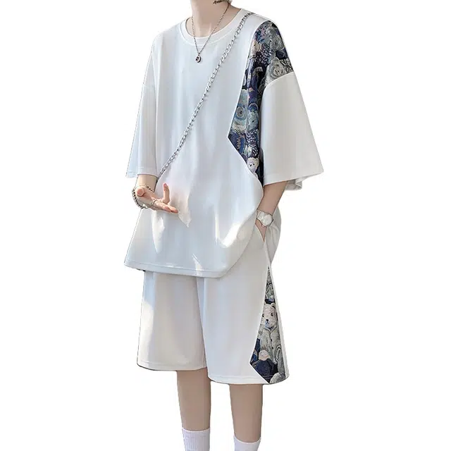 加荣 冰丝刺绣小熊拼接休闲套装男夏季轻薄透气潮牌青少年户外出行百搭国风大码宽松短袖短裤一整套休闲运动套装 男女同款