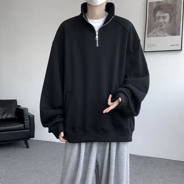 加荣 学院风半拉链高领卫衣男款早秋宽松休闲外套男装美式复古长袖体恤内搭打底衫男士纯色百搭外衣男小众设计感上衣 男女同款