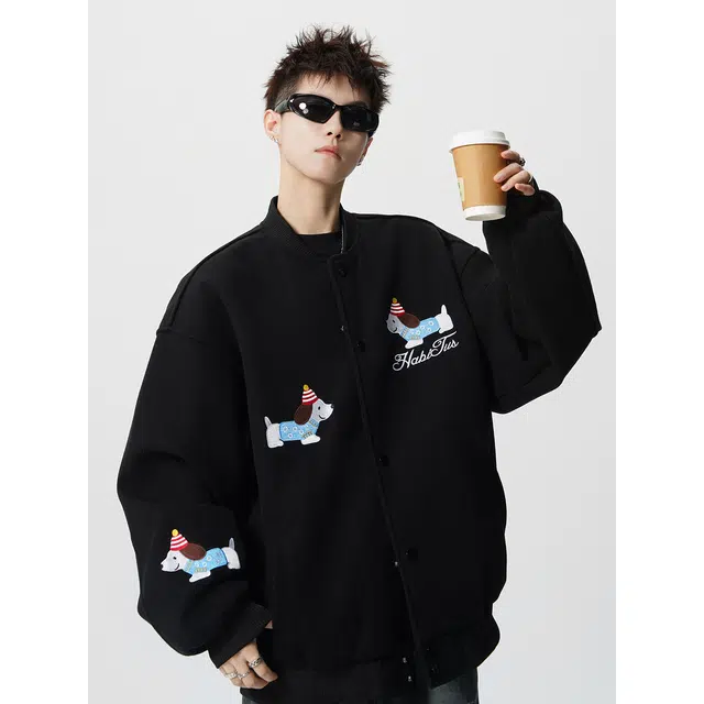 加荣 美式腊肠狗刺绣棒球领秋季休闲百搭呢子飞行复古潮牌运动青少年酷帅时尚高端情侣夹克外套 男女同款