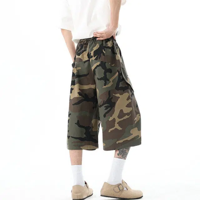 加荣 美式复古薄款透气潮牌百搭宽松阔腿裤休闲迷彩工装短裤 男女同款