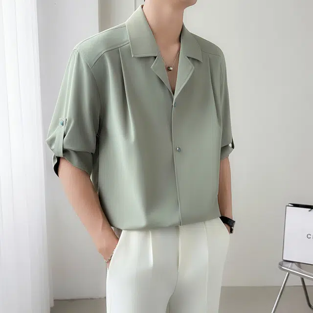 加荣 高级设计感翻领薄款透气潮流百搭绿松石扣设计穿搭垂感五分短袖衬衫 男女同款
