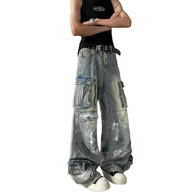加荣 美式街头设计感潮牌青少年户外出行百搭宽松阔腿拖地裤子牛仔裤 男女同款