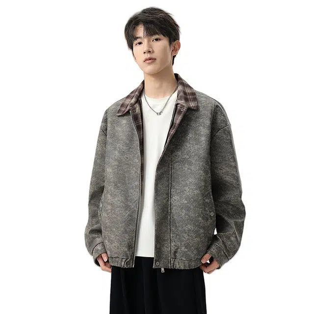 加荣 美式复古潮流秋季男士款纯色简约宽松百搭男上衣休闲日常通勤落肩防风保暖男长袖夹克青少年时尚春秋开衫男外套 男女同款