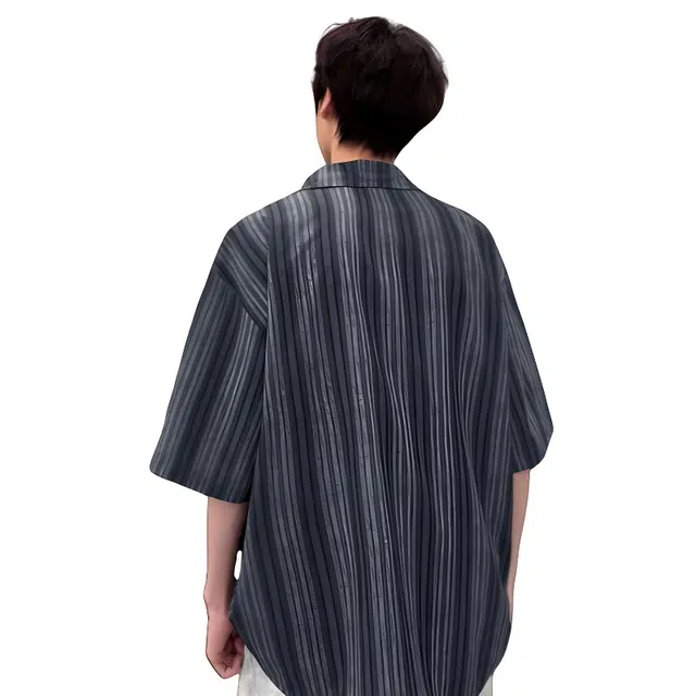 加荣 薄款透气复古条纹短袖衬衫 男女同款