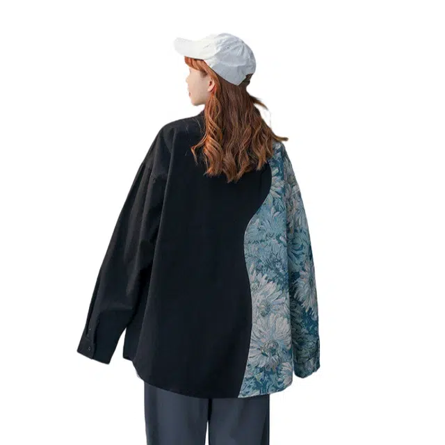 加荣 国潮中性风花型拼接垂感口袋衬衣男秋季轻薄透气大码青少年户外出行百搭小众设计感情侣长袖衬衫 男女同款