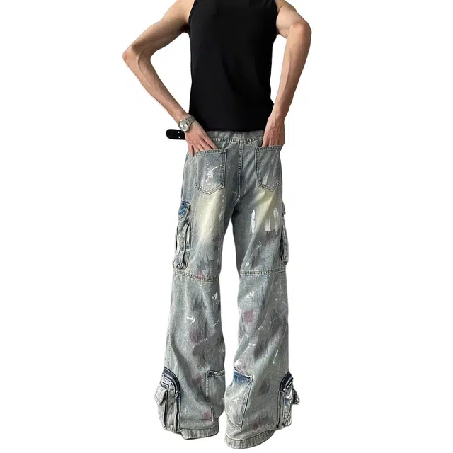 加荣 美式街头设计感潮牌青少年户外出行百搭宽松阔腿拖地裤子牛仔裤 男女同款