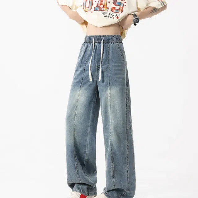 加荣 薄款透气宽松潮牌美式街头做旧抽绳潮牌宽松直筒百搭长裤牛仔裤 男女同款