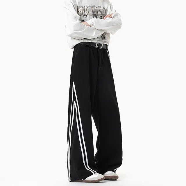 加荣 美式条纹牛仔裤男秋季高街水洗阔腿弯刀裤子潮牌痞帅青少年帅气男装潮流宽松休闲复古男款直筒长裤 男女同款