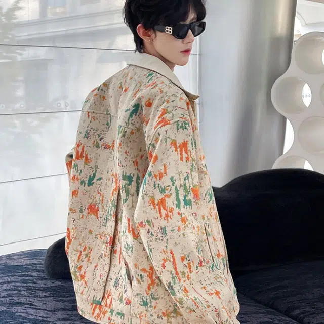 加荣 美式双面穿涂鸦小香风夹克男款秋季潮流高级感男士上衣款青少年痞帅男装外衣时尚百搭休闲衣男生潮牌翻领扎染撞色外套 男女同款