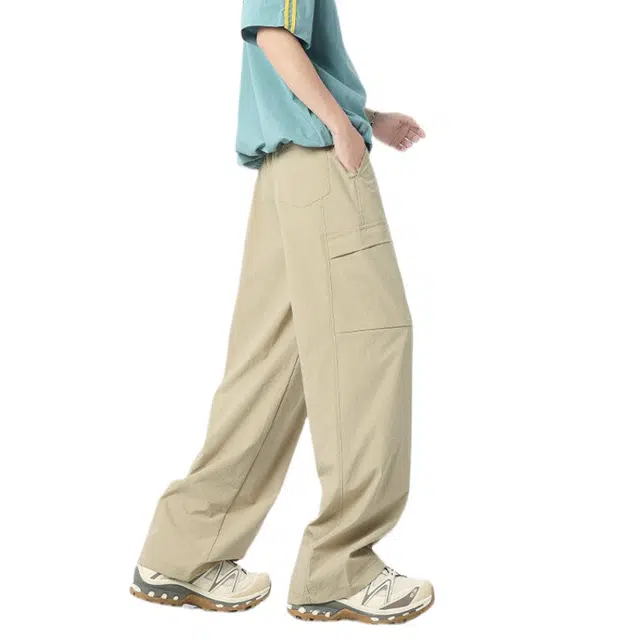 加荣  美式速干褶皱冰丝裤男夏季薄款透气潮流百搭宽松休闲青少年户外运动松紧腰小众设计感直筒阔腿工装裤长裤 男女同款