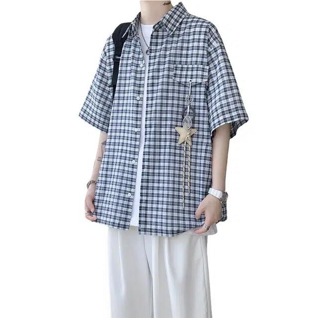 加荣 美式格纹休闲夏季轻薄透气潮牌青少年户外出行通勤百搭宽松慵懒风情侣衬衣短袖衬衫 男女同款