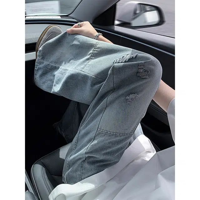 加荣 刺绣弯刀牛仔裤子夏季薄款透气设计感宽松垂感美式复古水洗做旧破洞牛仔裤高腰显瘦宽松直筒阔腿拖地长裤 男女同款