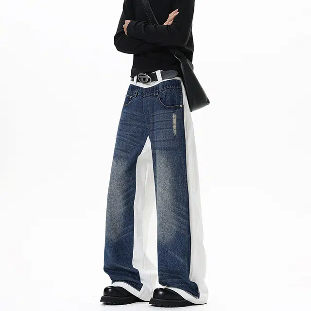 加荣 美式复古蓝白拼接弯刀牛仔裤男时尚高级感直筒裤男休闲百搭裤男款宽松舒适阔腿裤男高街松弛感男痞帅炸街长裤 男女同款