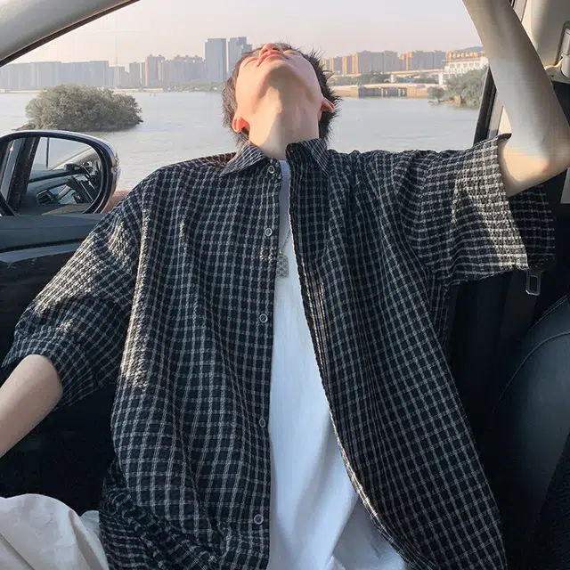 加荣 格子短袖衬衫男夏季薄款透气休闲衬衣青少年翻领设计男装帅气学生开衫半袖夏天户外清凉舒适衣服美式高街潮流五分袖上衣 男女同款
