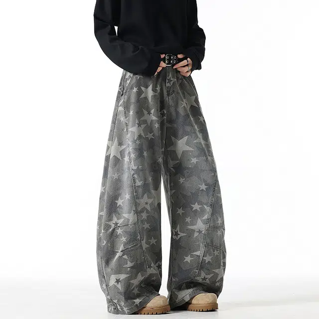 加荣 美式复古星星印花做旧牛仔裤男秋季宽松休闲裤男潮流百搭弯刀裤男士慵懒风松弛感直筒裤男款青少年帅气男装裤子高级长裤 男女同款