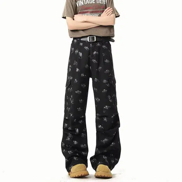 加荣 美式潮流漆点直筒牛仔裤男秋季宽松休闲裤子青少年痞帅炸街阔腿裤字母设计感高街微喇裤春秋百搭可系皮带基础款男士长裤 男女同款