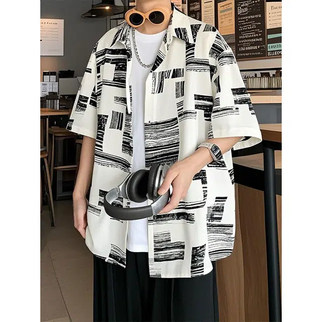 加荣 美式条纹薄款透气日系复古宽松大码休闲潮流痞帅尖领短袖衬衫 男女同款