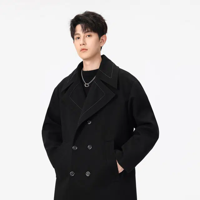 加荣 美式撞色设计感中长款毛呢高级感英伦风宽松休闲潮流翻领大衣 男女同款