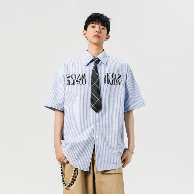 加荣 学院薄款透气泡泡条纹领带美式潮牌宽松帅气休闲短袖衬衫 男女同款