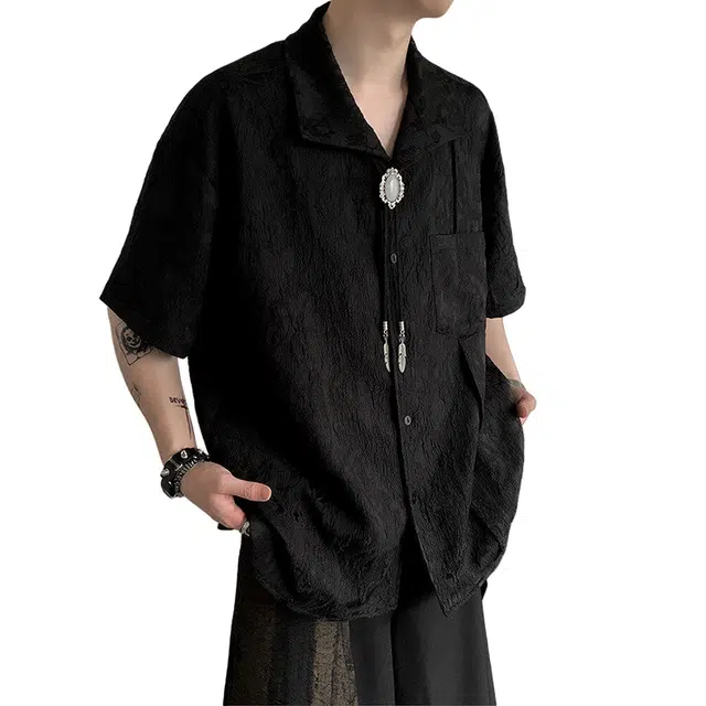 加荣 新中式法式立领腰果花提花短袖轻薄透气潮牌青少年户外出行百搭宽松小众高级感时尚舒适夏季衬衫 男女同款