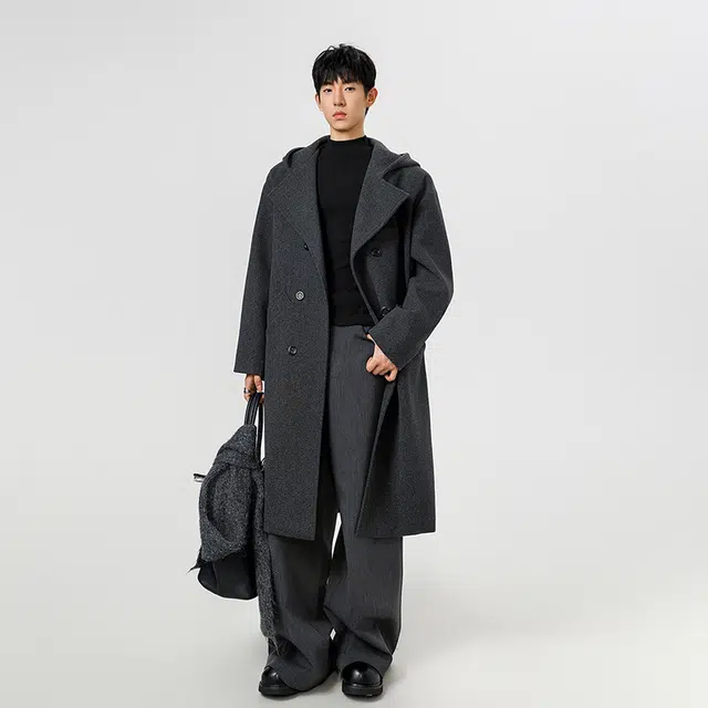 加荣 纯色基础款连帽高级感毛呢长款过膝青少帅气慵懒风松弛感防风风衣 男女同款